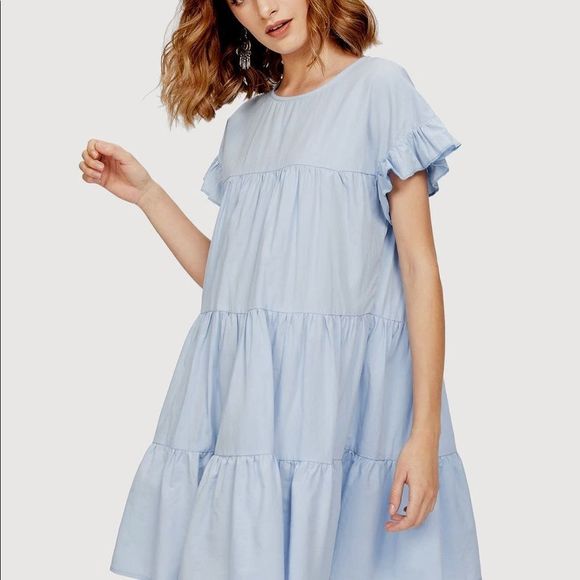 Tiered Baby Doll Dress, Ruffle Sleeves, Soft Blue, Effortless & Feminine… - Picture 1 of 9